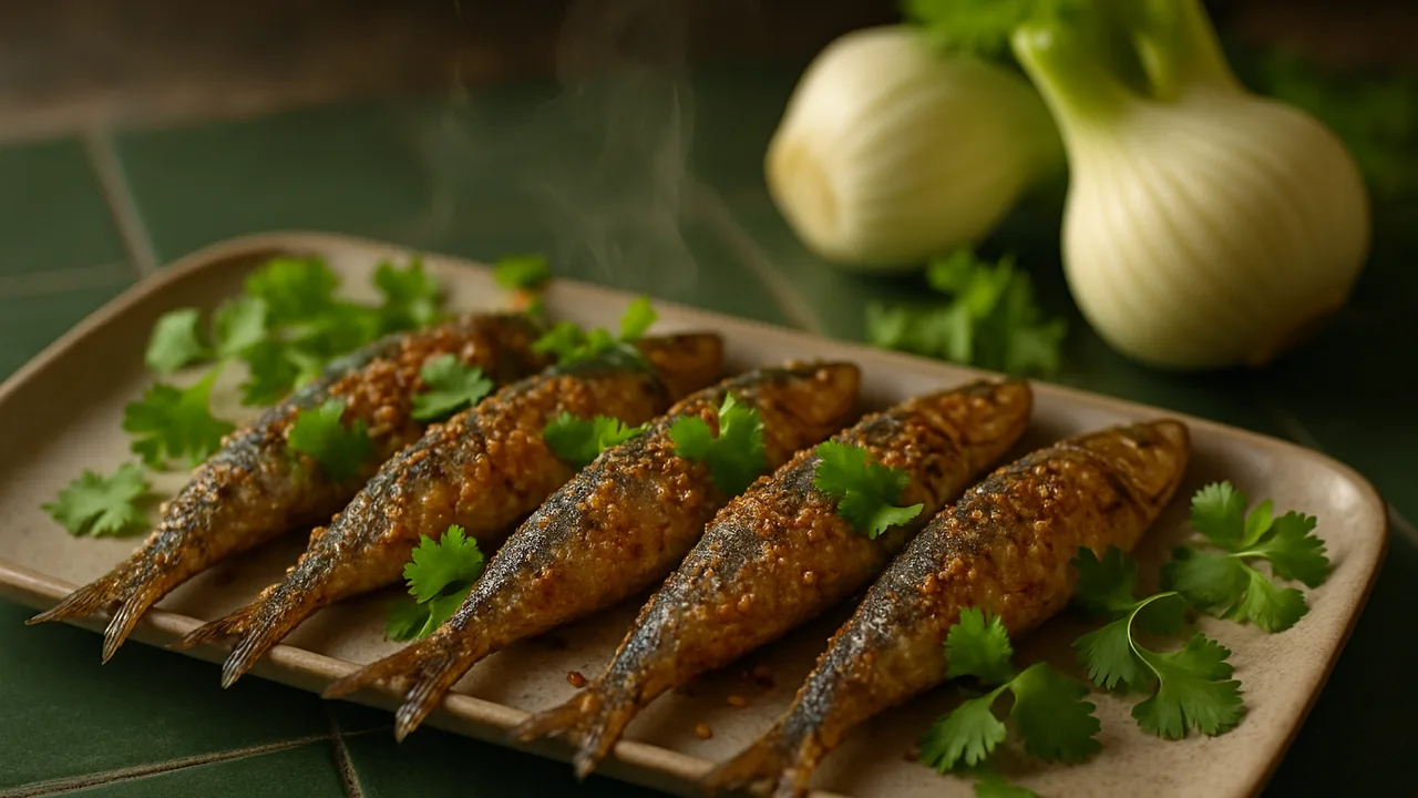 Koriander-Sardinen mit Fenchel aus dem Airfryer mit frische Sardinen und Fenchelknollen, auf dunkelgrünen Fliesen …
