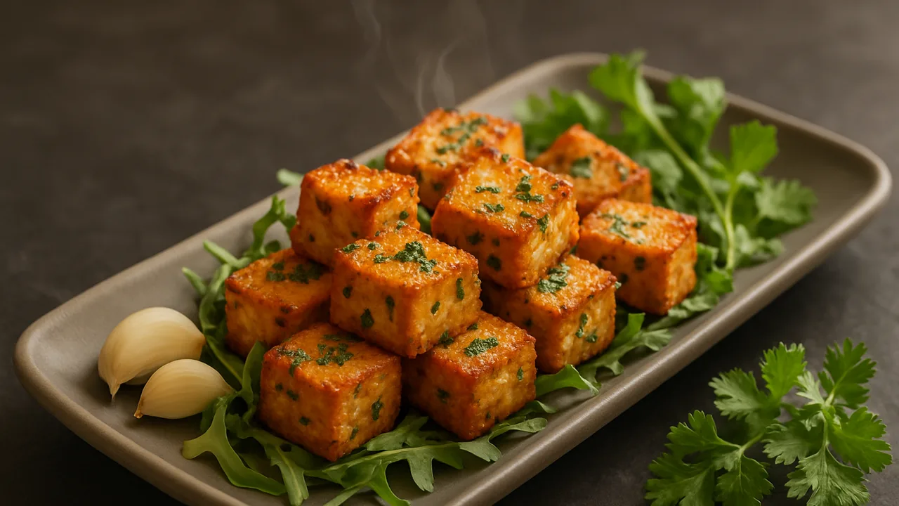 Koriander-Tofu mit Rucola aus dem Airfryer mit Tofu und Knoblauchzehen, auf dunklem Schiefer angerichtet.