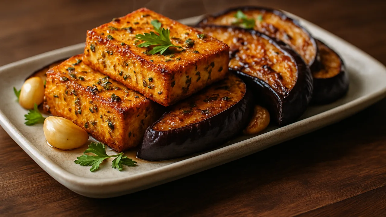 Kräuter-Feta mit Aubergine im BBQ-Style aus dem Airfryer mit fester Tofu und Auberginen, auf dunklem Walnussholz angerichtet.