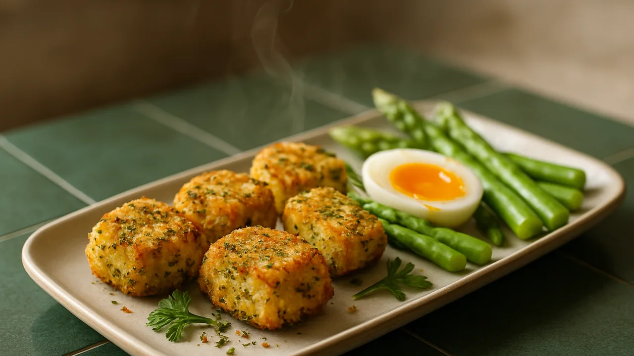 Kräuter-Halloumi Nuggets mit Spargel aus dem Airfryer mit Halloumi und Ei, auf dunkelgrünen Fliesen angerichtet.
