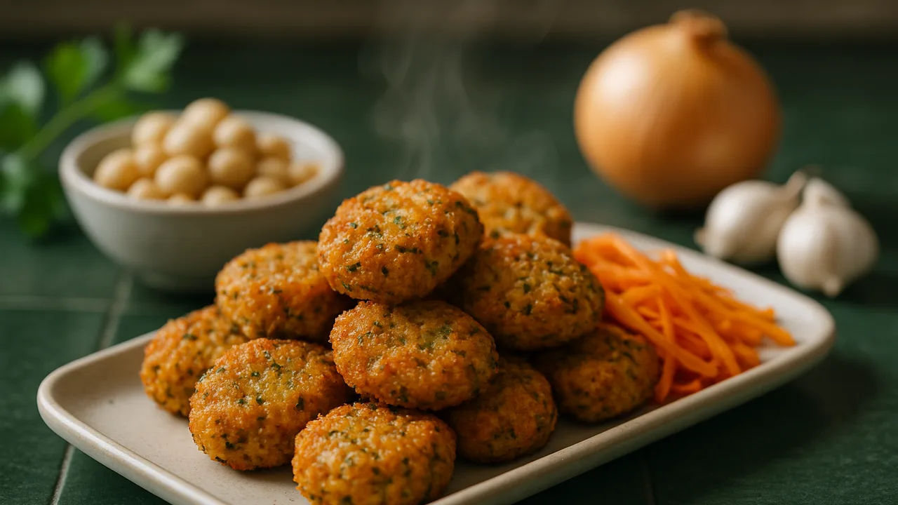 Kräuter-Kichererbsen Nuggets mit Karotten aus dem Airfryer mit Kichererbsen und Zwiebel, auf dunkelgrünen Fliesen …