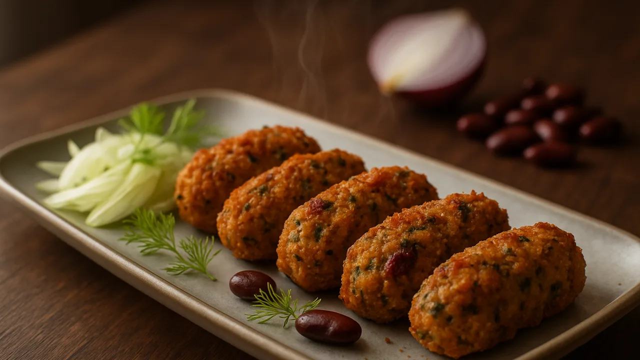 Kräuter-Kidneybohnen Nuggets mit Fenchel aus dem Airfryer mit Kidneybohnen und Fenchel, auf dunklem Walnussholz angerichtet.