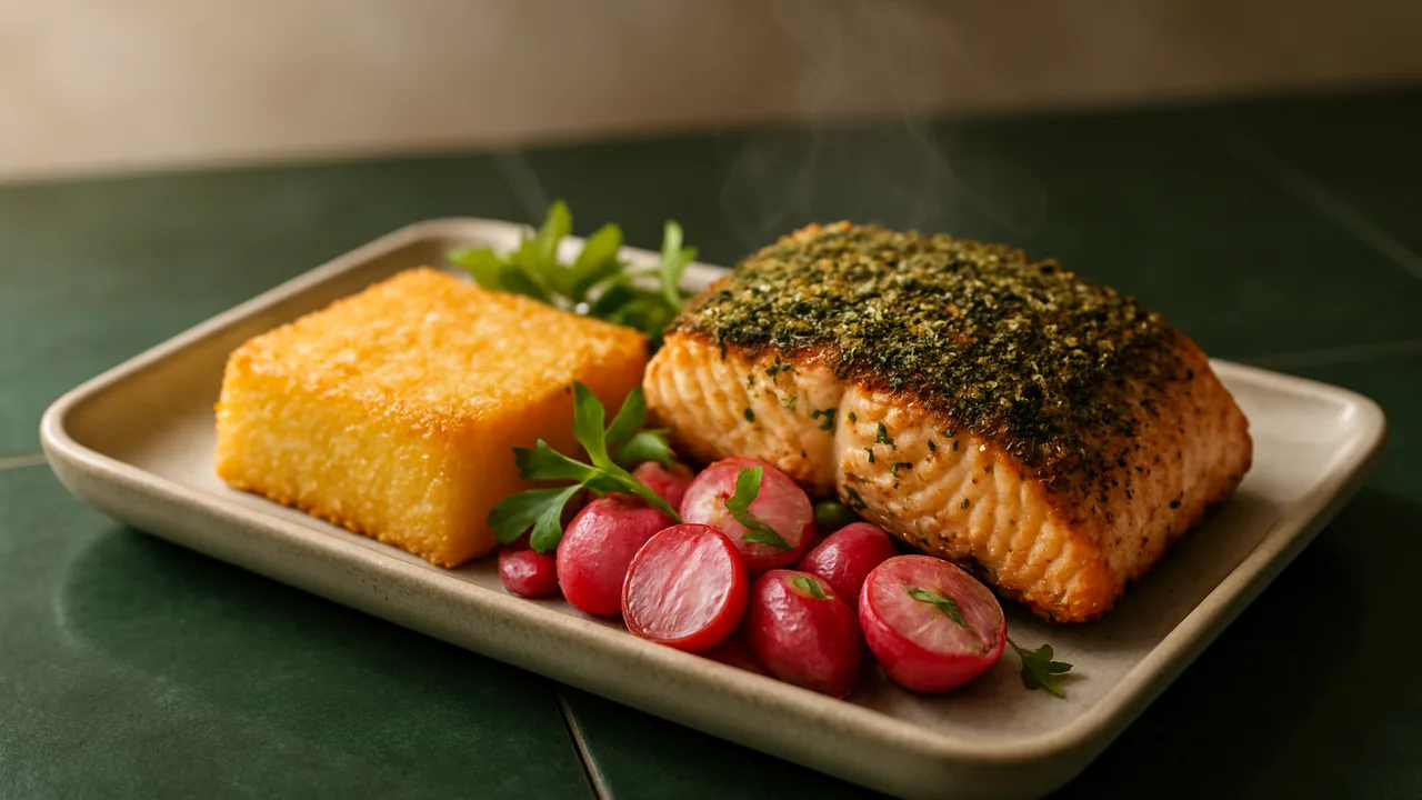 Kräuter-Lachs Bowl mit Polenta und Radieschen aus dem Airfryer mit Lachsfilet und Polenta, auf dunkelgrünen Fliesen …