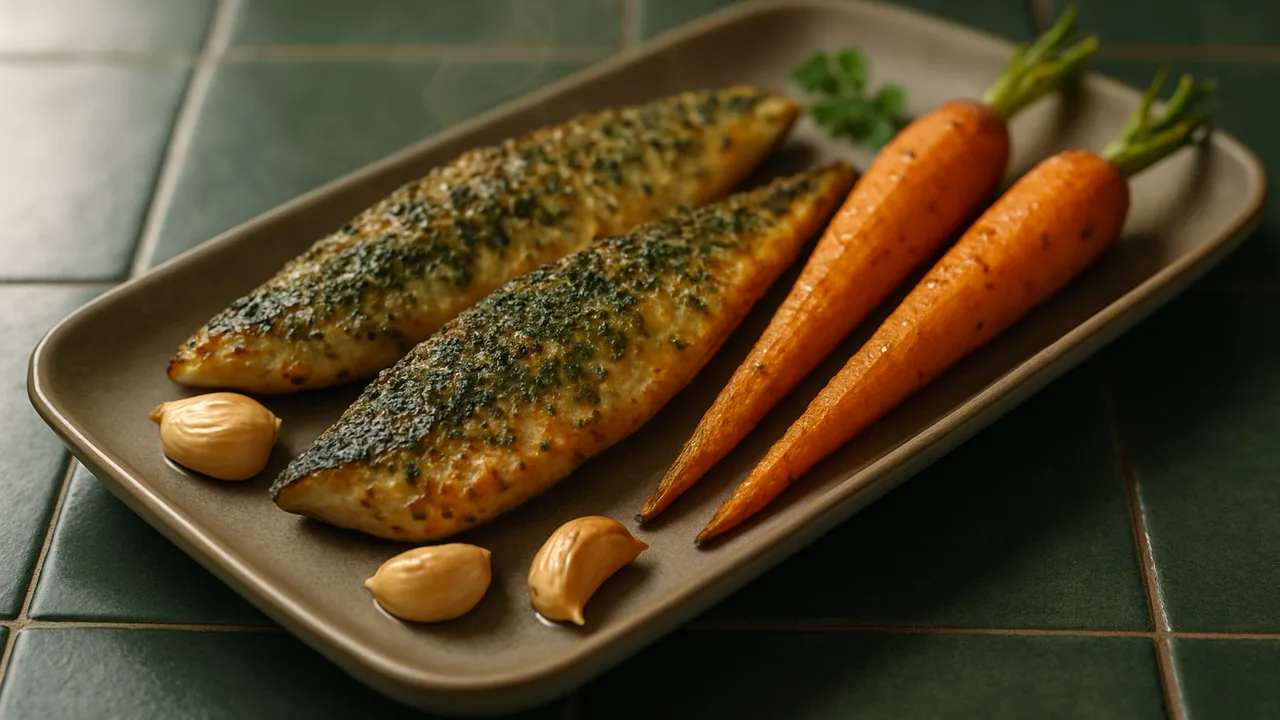 Kräuter-Makrele-Karotte-Schale aus dem Airfryer mit Makrelenfilets und Karotten, auf dunkelgrünen Fliesen angerichtet.