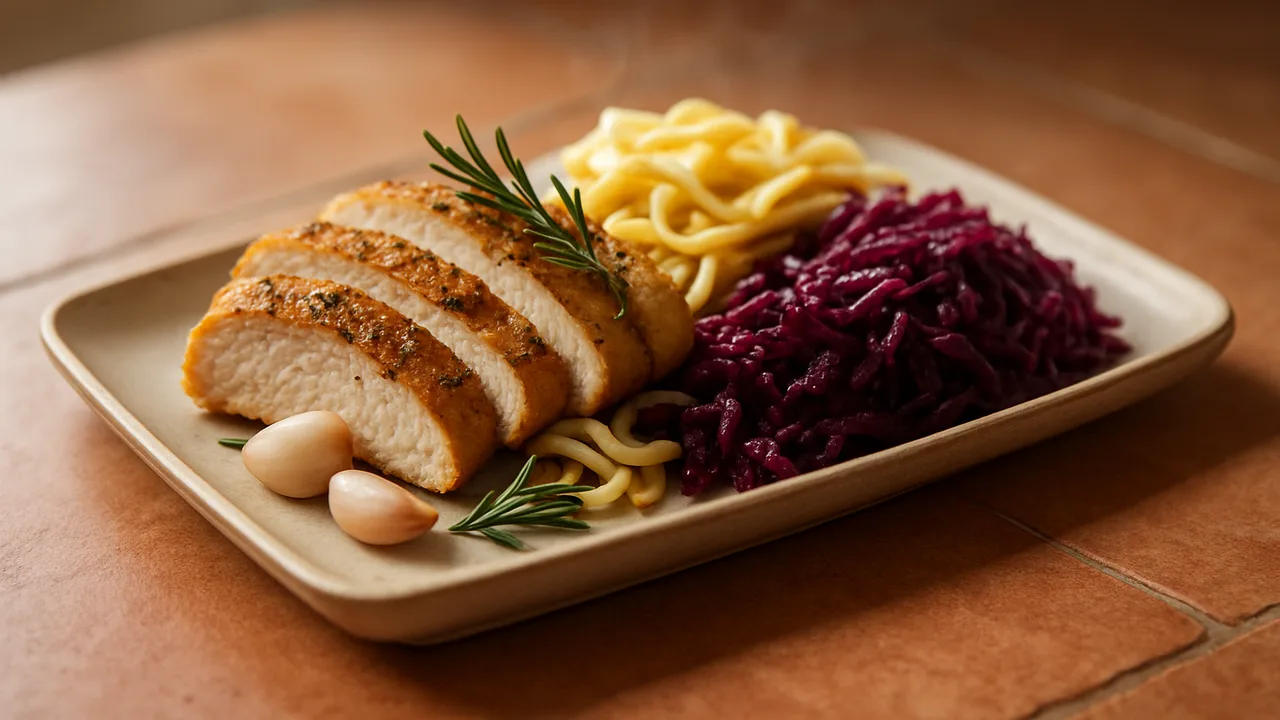 Kräuter-Putenbrust Bowl mit Nudeln und Rotkohl aus dem Airfryer mit Putenbrust und Rosmarin, auf Terracotta-Fliesen …
