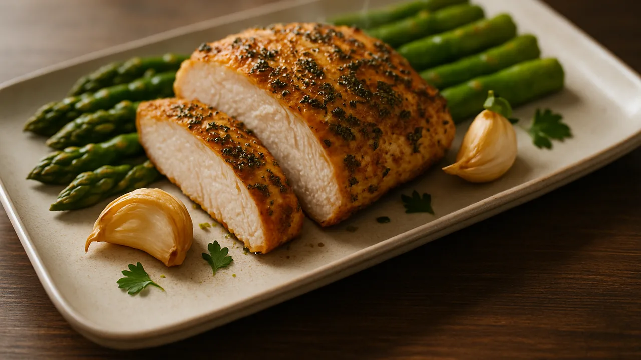 Kräuter-Putenbrust mit Spargel aus dem Airfryer mit Putenbrust und grüner Spargel, auf dunklem Walnussholz angerichtet.