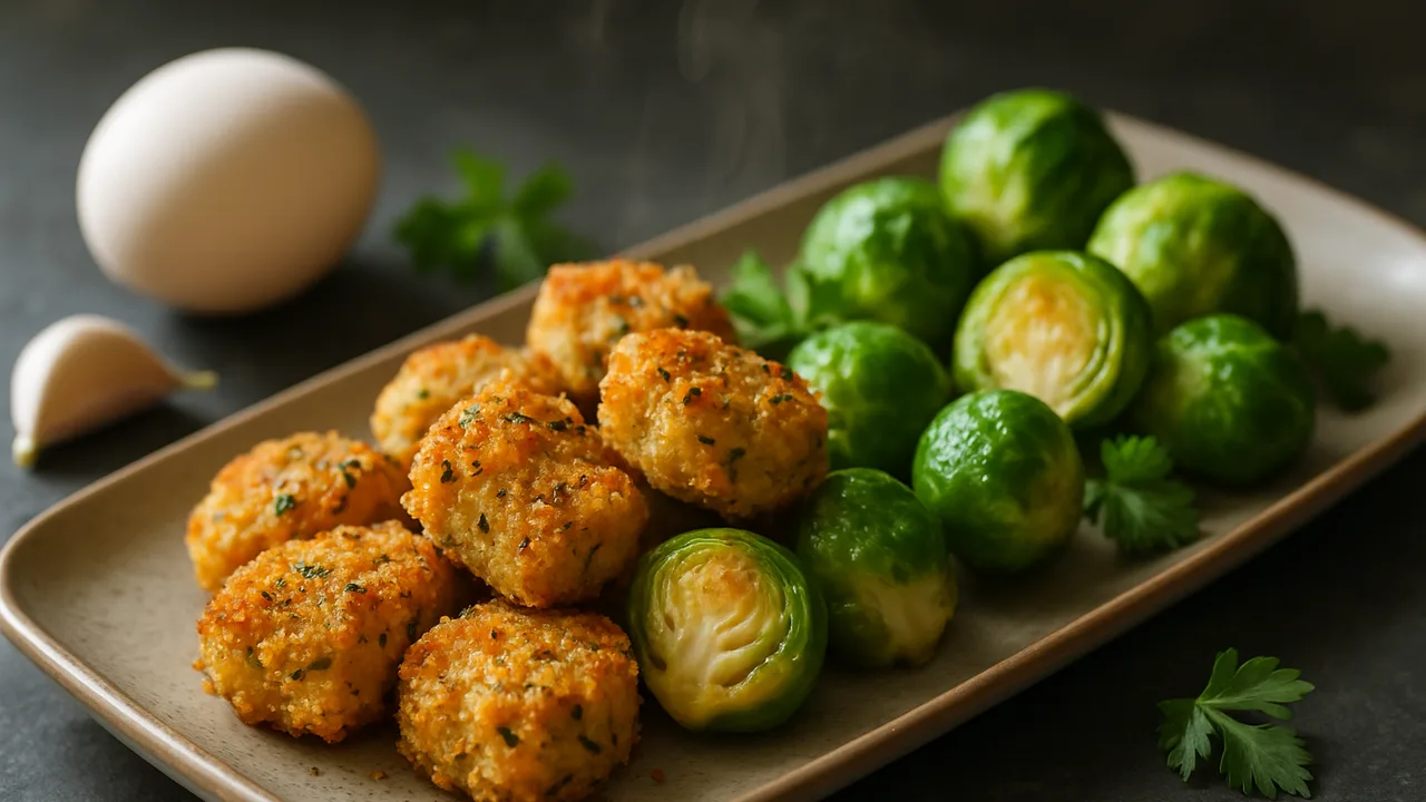 Kräuter-Putenbrust Nuggets mit Rosenkohl aus dem Airfryer mit Putenbrust und Ei, auf dunklem Schiefer angerichtet.