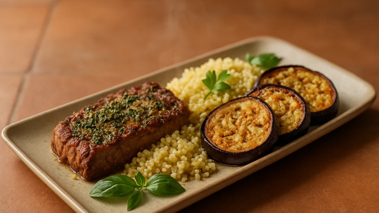 Kräuter-Rumpsteak Bowl mit Hirse und Aubergine aus dem Airfryer mit Rumpsteak und Aubergine, auf Terracotta-Fliesen …