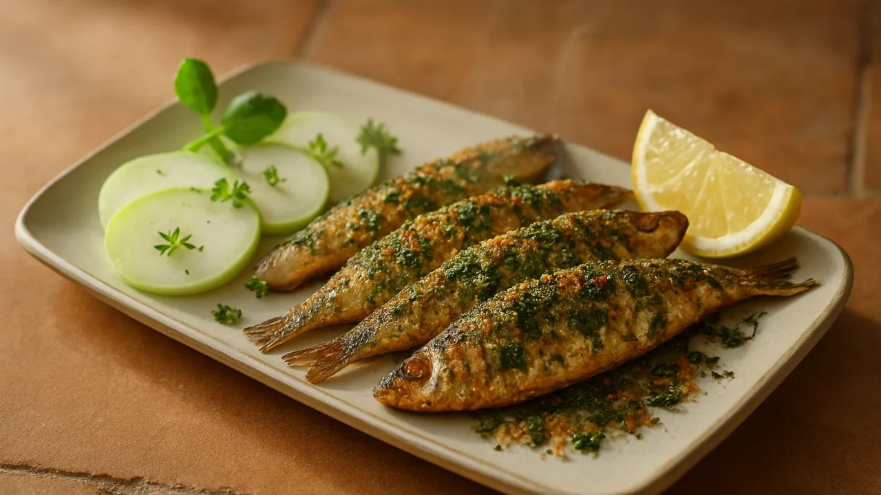 Kräuter-Sardinen mit Kohlrabi aus dem Airfryer mit frische Sardinen und Kohlrabi, auf Terracotta-Fliesen angerichtet.