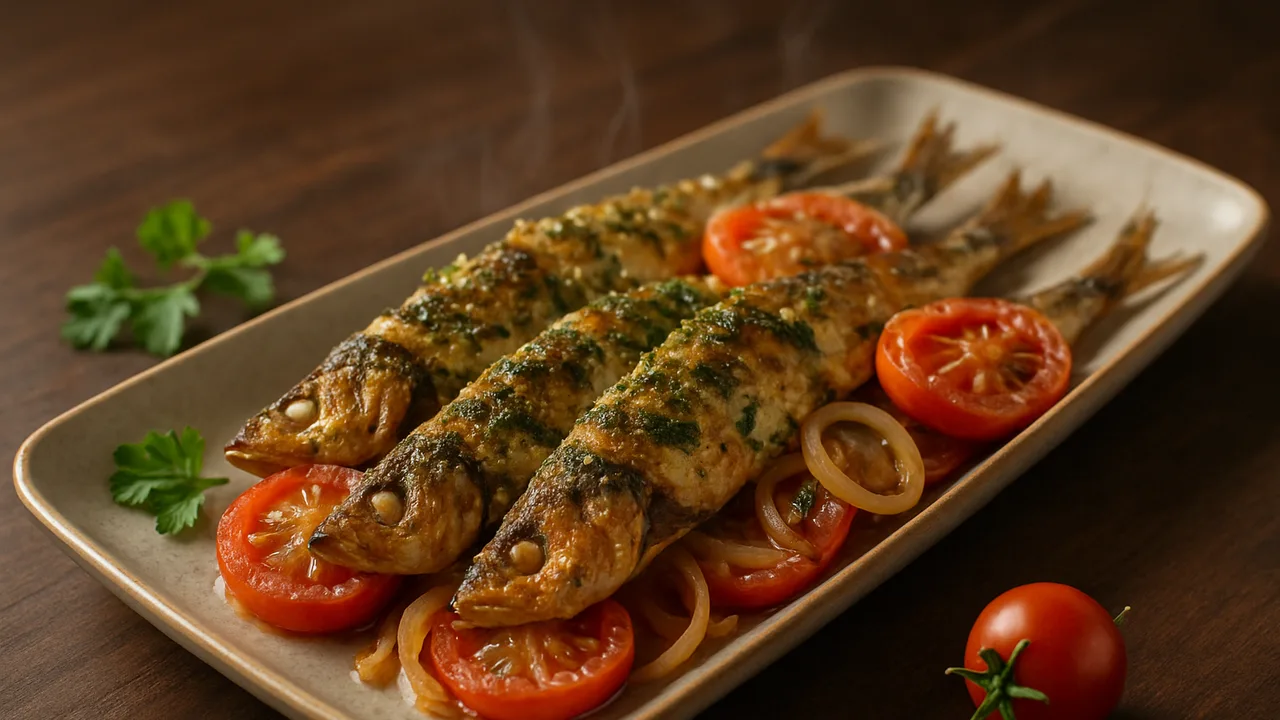 Kräuter-Sardinen mit Tomate aus dem Airfryer mit frische Sardinen und Tomaten, auf dunklem Walnussholz angerichtet.