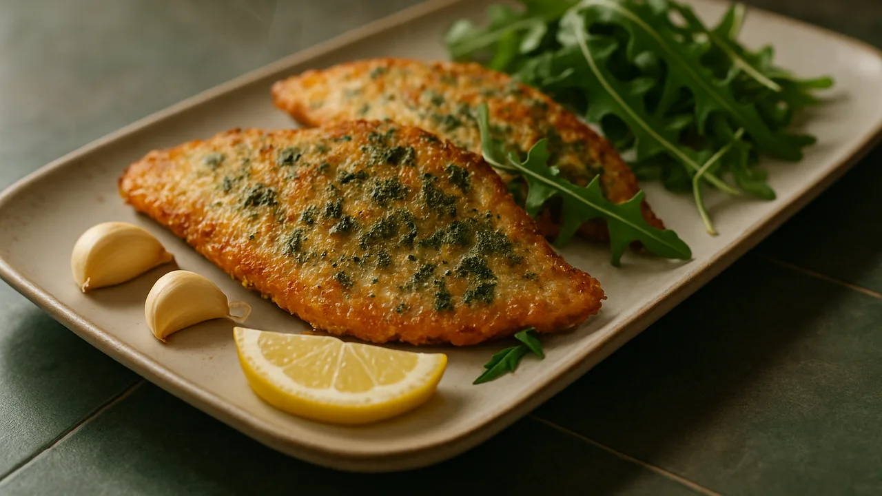 Kräuter-Scholle mit Rucola aus dem Airfryer mit Schollenfilets und Zitrone, auf dunkelgrünen Fliesen angerichtet.