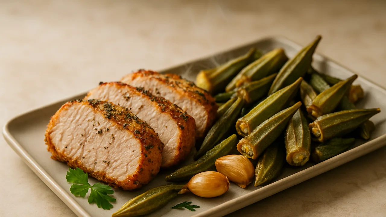 Kräuter-Schweinefilet-Okra-Schale aus dem Airfryer mit Schweinefilet und Okra, auf beigem Marmor angerichtet.