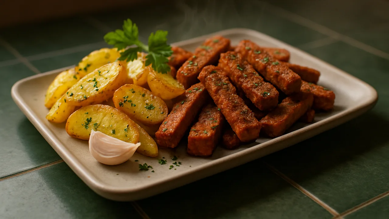 Kräuter-Seitan-Kartoffel-Schale aus dem Airfryer mit Seitan und Kartoffeln, auf dunkelgrünen Fliesen angerichtet.