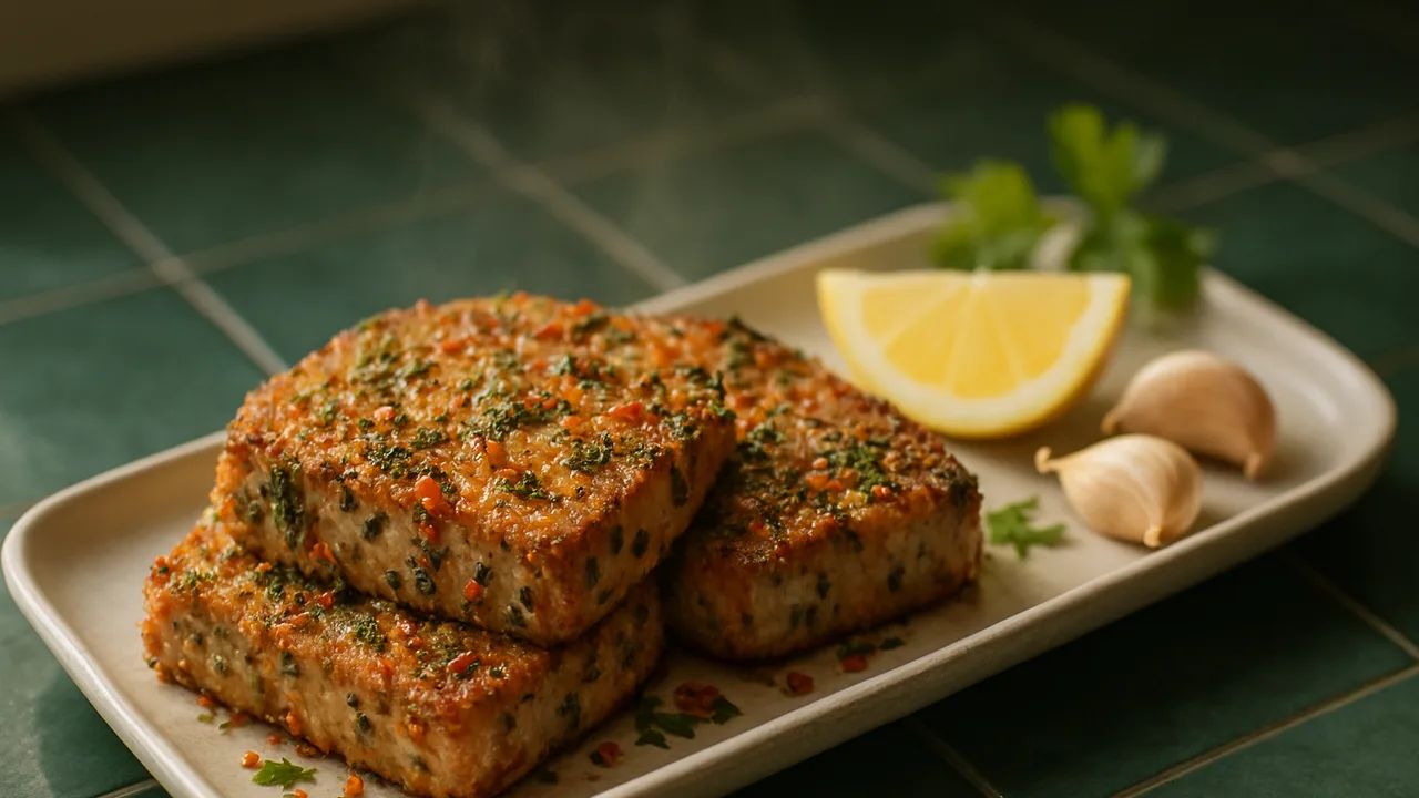 Kräuter-Thunfisch mit Chili aus dem Airfryer mit Thunfischsteaks und Knoblauchzehen, auf dunkelgrünen Fliesen angerichtet.