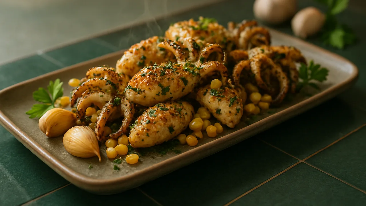 Kräuter-Tintenfisch mit Mais aus dem Airfryer mit Tintenfisch und Maiskörner, auf dunkelgrünen Fliesen angerichtet.