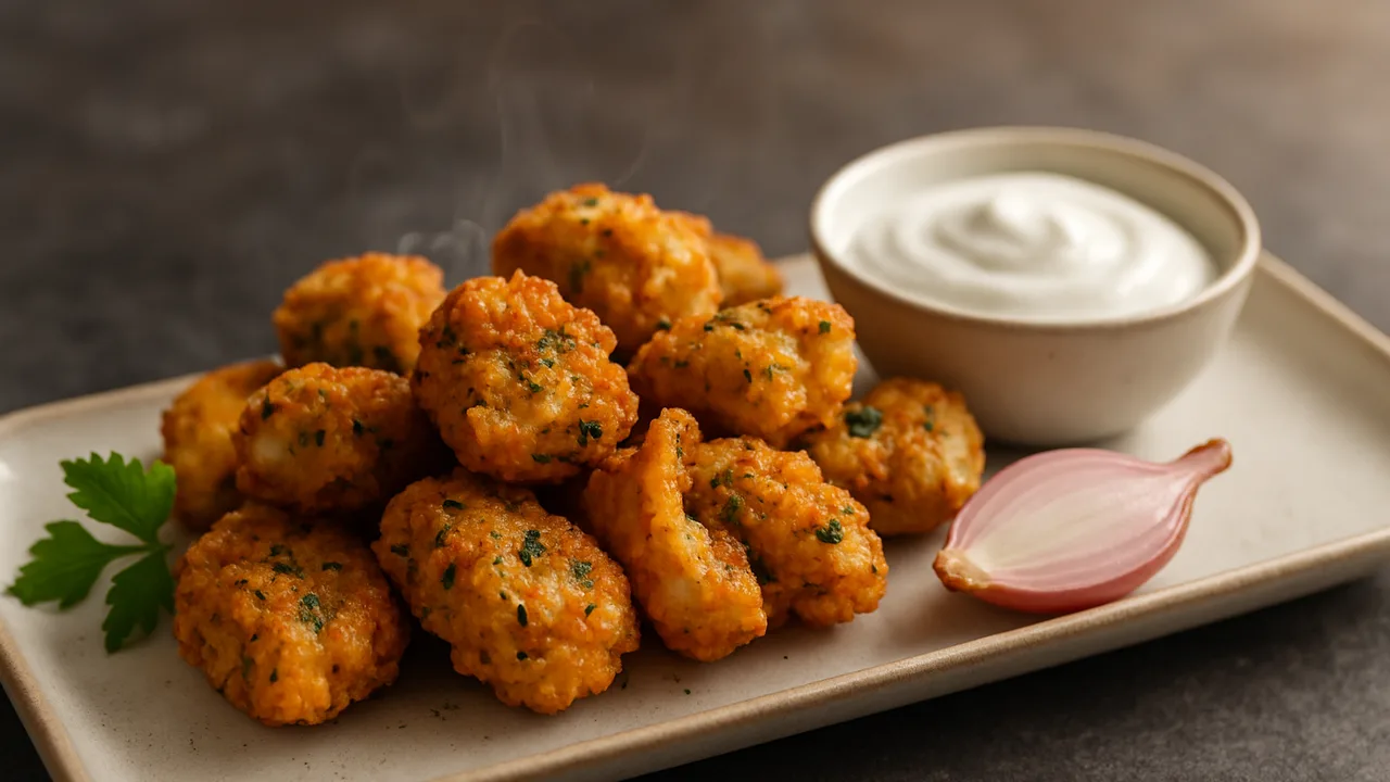 Kräuter-Tintenfisch Nuggets mit Schalotte aus dem Airfryer mit Tintenfisch und Schalotten, auf dunklem Schiefer angerichtet.