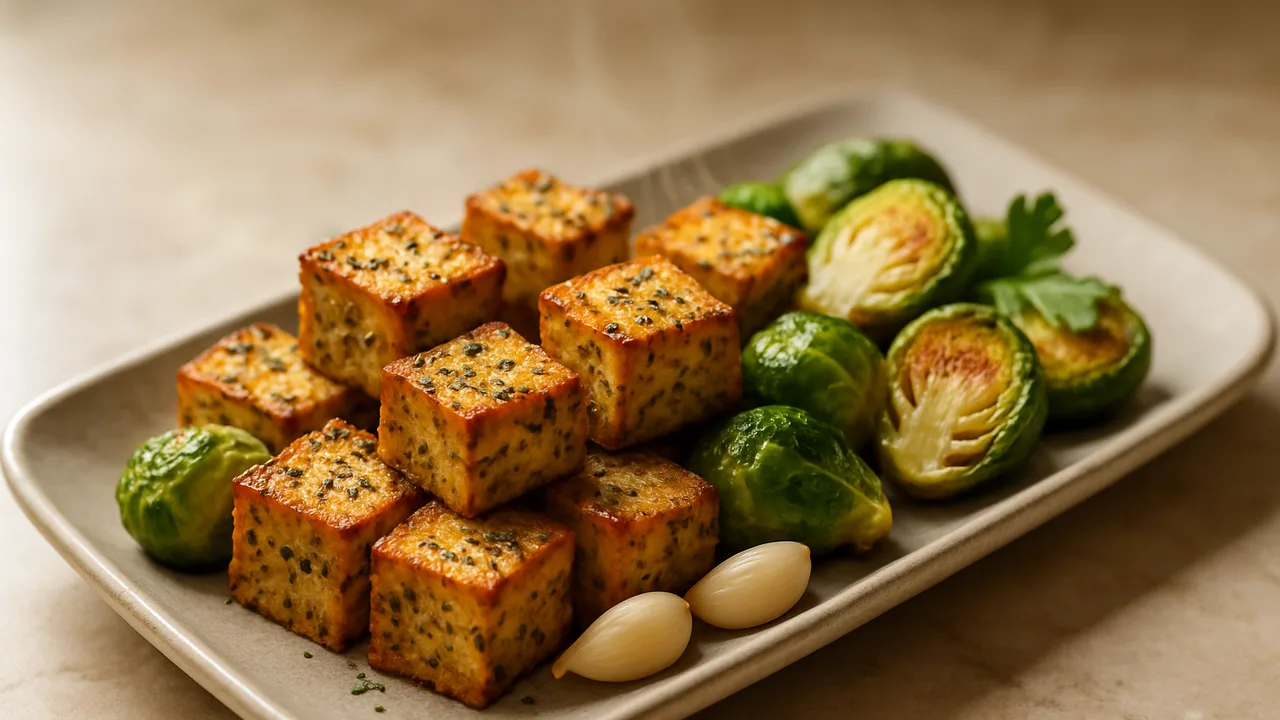 Kräuter-Tofu mit Rosenkohl aus dem Airfryer mit Tofu, fest und Rosenkohl, auf beigem Marmor angerichtet.