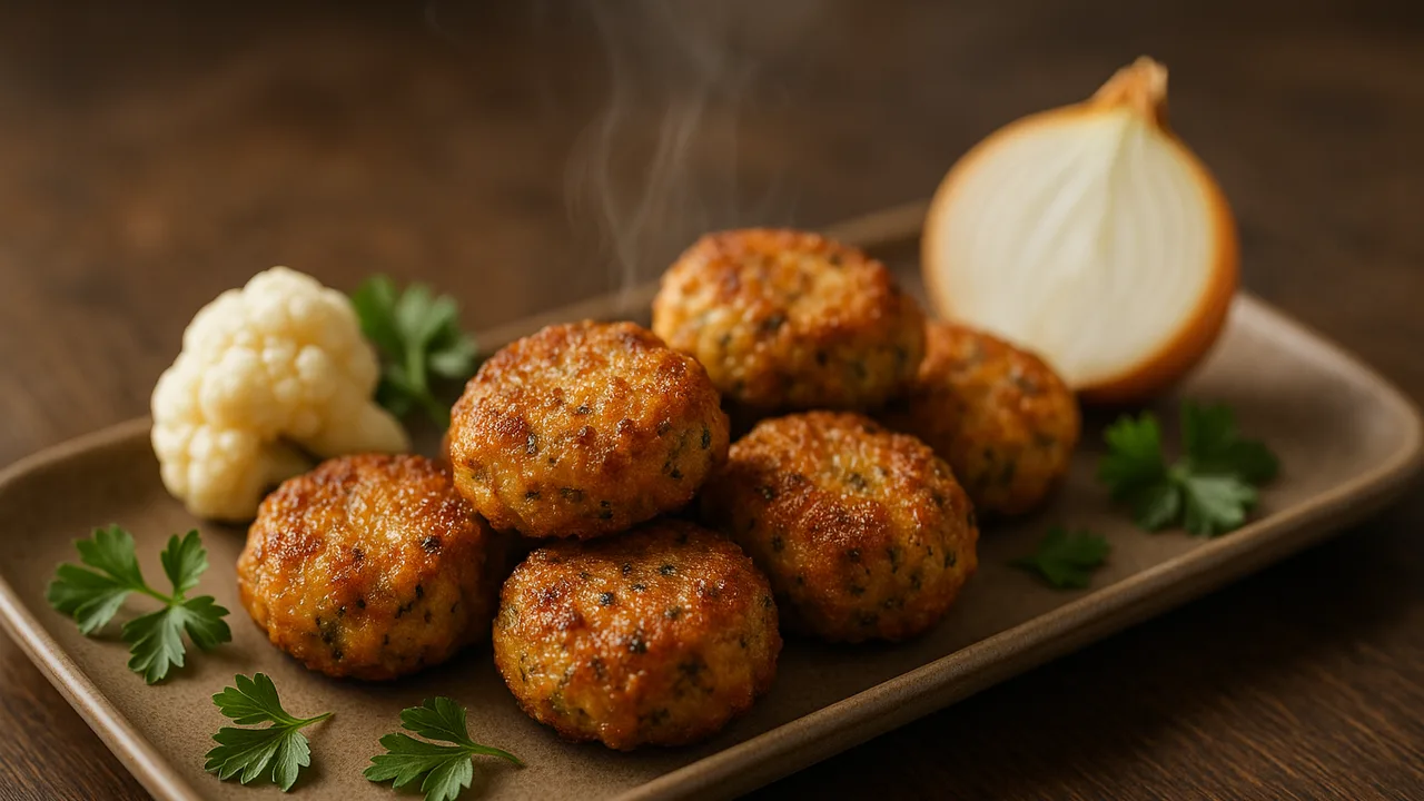 Kräuter-Veggie-Hack Nuggets mit Blumenkohl aus dem Airfryer mit Veggie-Hack und Ei, auf dunklem Walnussholz angerichtet.