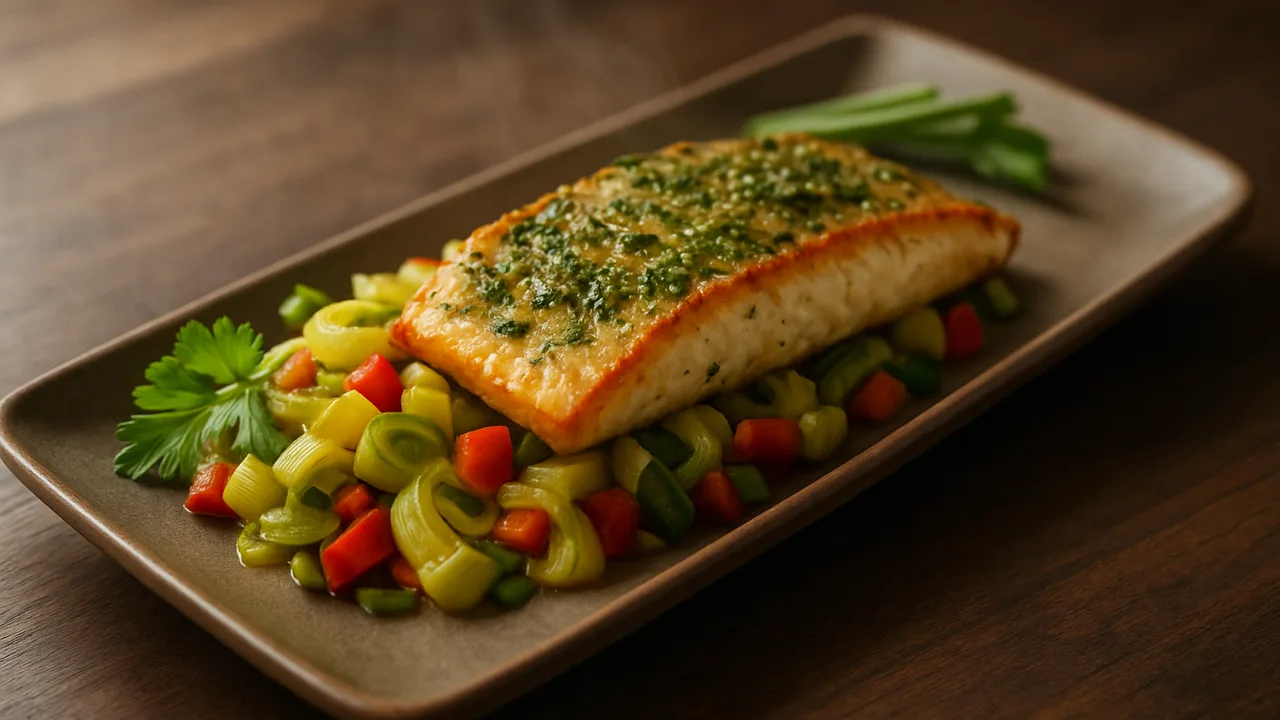 Kräuter-Zander-Lauch-Schale aus dem Airfryer mit Zanderfilet und Lauch, auf dunklem Walnussholz angerichtet.