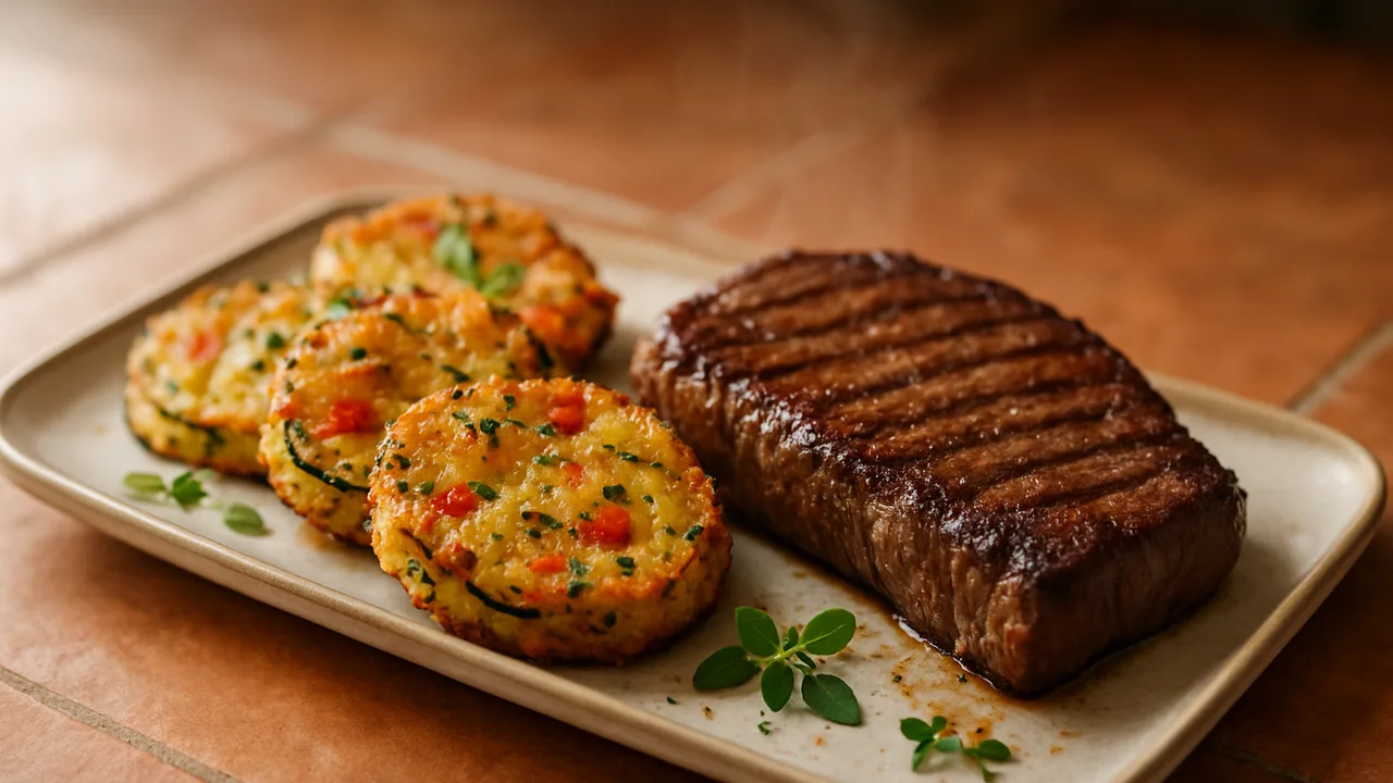 Kräuter-Zucchini-Rumpsteak-Röstchen aus dem Airfryer mit Rumpsteak und Zucchini, auf Terracotta-Fliesen angerichtet.