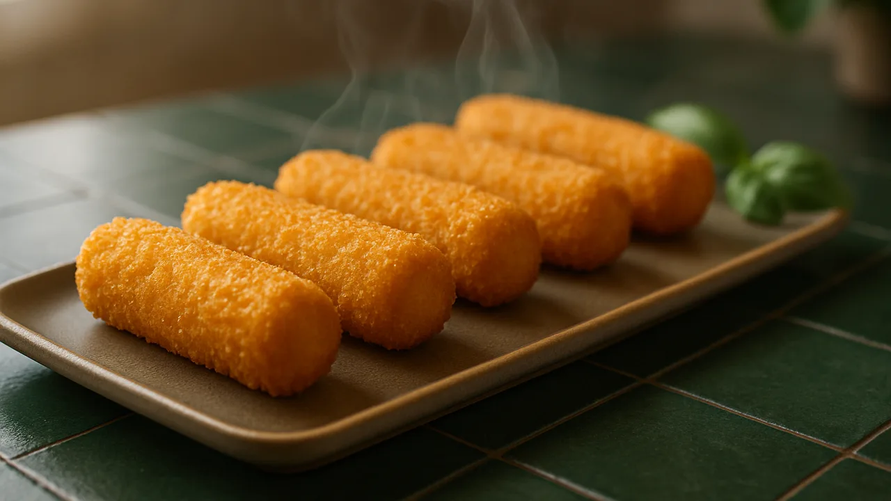 Kroketten aus dem Airfryer – TK knusprig mit TK-Kroketten, auf dunkelgrünen Fliesen angerichtet.