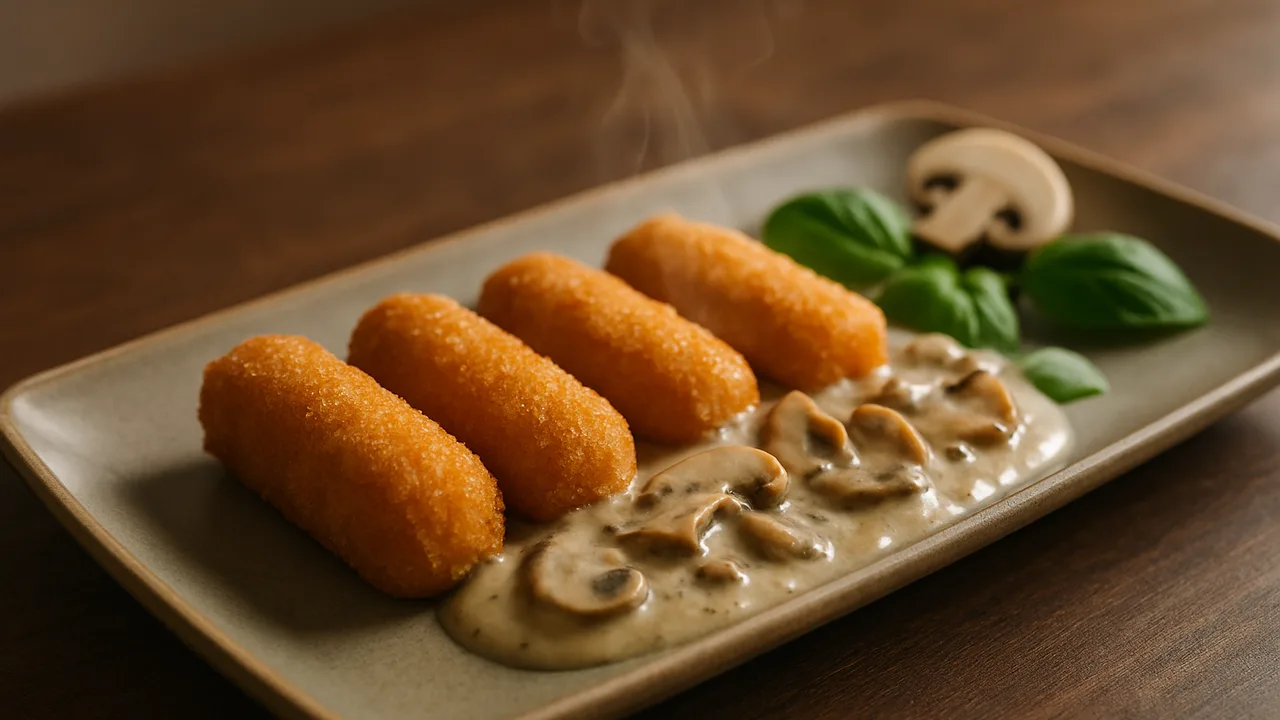 Kroketten mit Champignon-Rahm aus dem Airfryer mit Kroketten und Champignons, auf dunklem Walnussholz angerichtet.