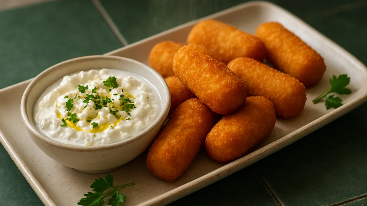 Kroketten mit Feta-Dip aus dem Airfryer mit Kartoffelkroketten (tiefgekühlt) und Feta, auf dunkelgrünen Fliesen angerichtet.