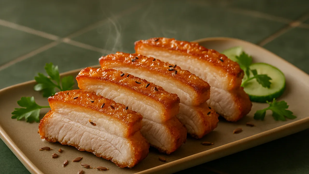 Krustenbauch in Scheiben mit Kümmel aus dem Airfryer mit Schweinebauch in Scheiben und Sonnenblumenöl, auf dunkelgrünen …