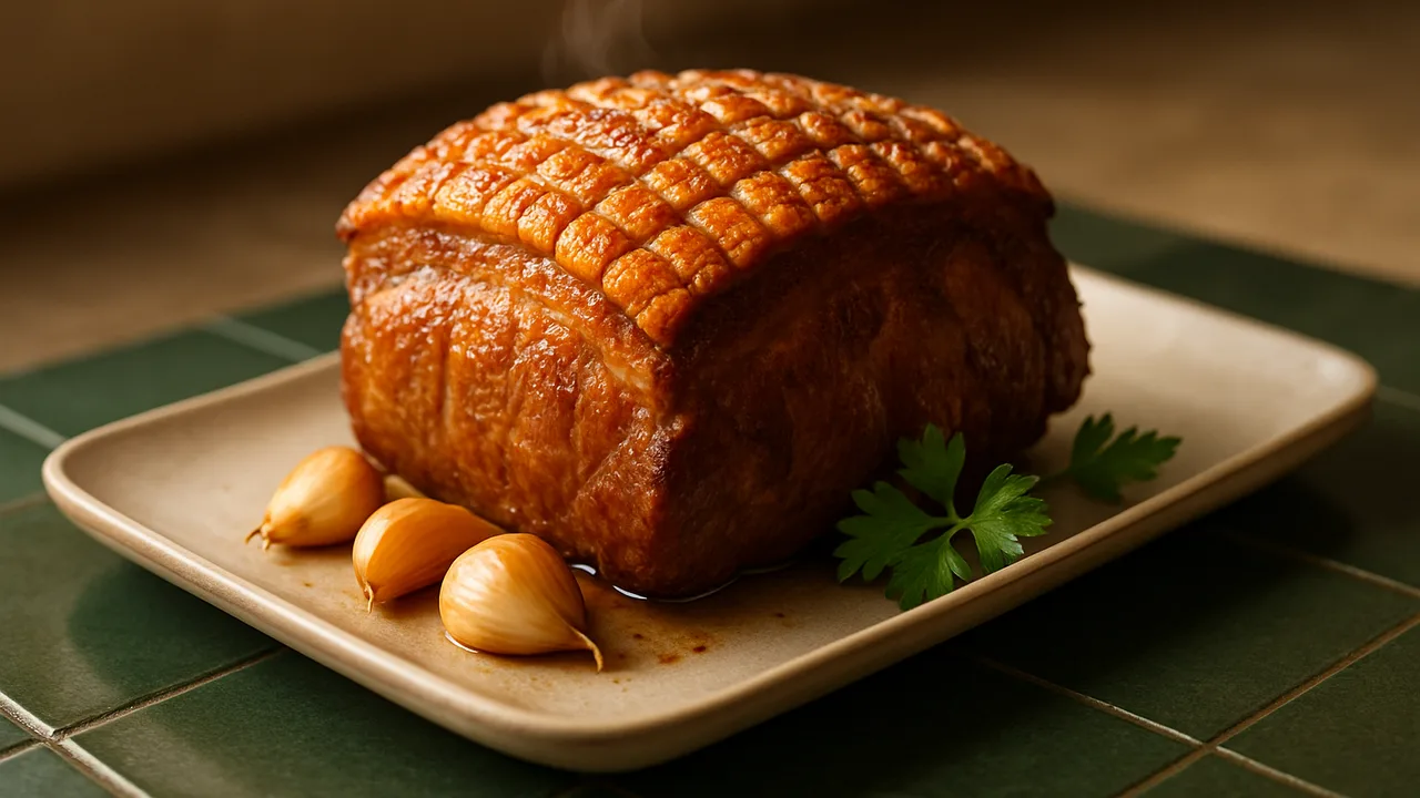 Krustenbraten mit knuspriger Kruste aus dem Airfryer mit Schweinenacken mit Schwarte und Knoblauchzehen, auf dunkelgrünen …