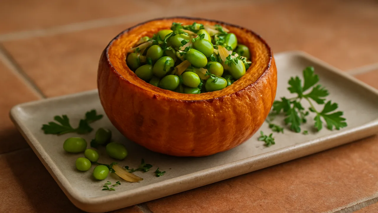 Kürbis gefüllt mit Edamame und Kräutern aus dem Airfryer mit Hokkaido-Kürbis und Edamame, auf Terracotta-Fliesen angerichtet.