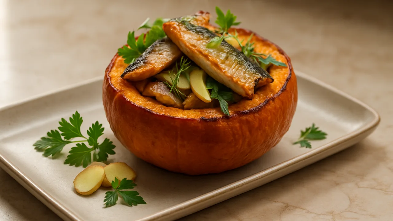 Kürbis gefüllt mit Makrele und Kräutern aus dem Airfryer mit Hokkaido-Kürbis und Makrelenfilets, auf beigem Marmor …