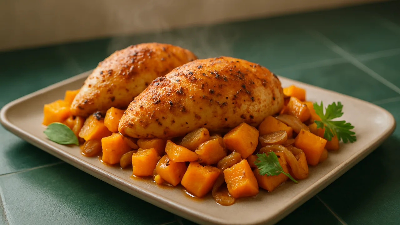 Kürbis-Hähnchenbrust Auflauf aus dem Airfryer mit Hähnchenbrust und Kürbis, auf dunkelgrünen Fliesen angerichtet.