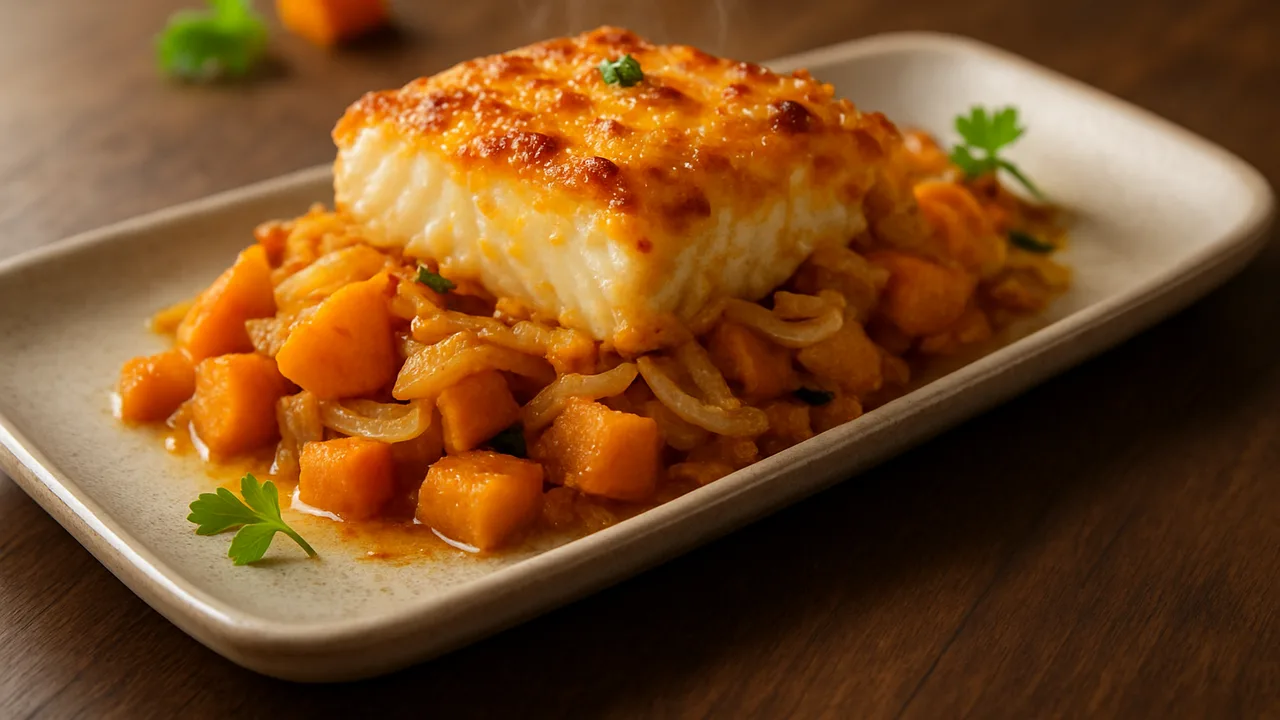 Kürbis-Kabeljau Auflauf aus dem Airfryer mit Kürbis und Kabeljaufilet, auf dunklem Walnussholz angerichtet.