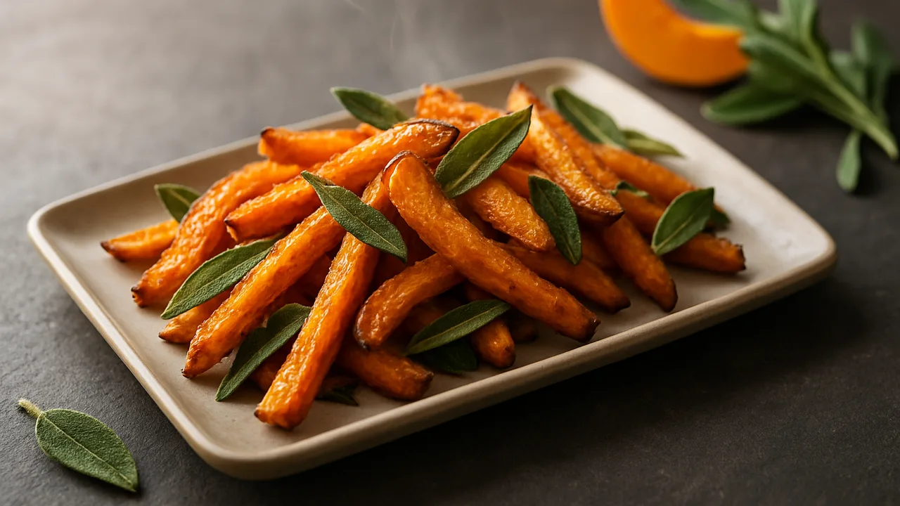 Kürbis-Pommes mit Salbei aus dem Airfryer mit Hokkaido-Kürbis und frischer Salbei, auf dunklem Schiefer angerichtet.