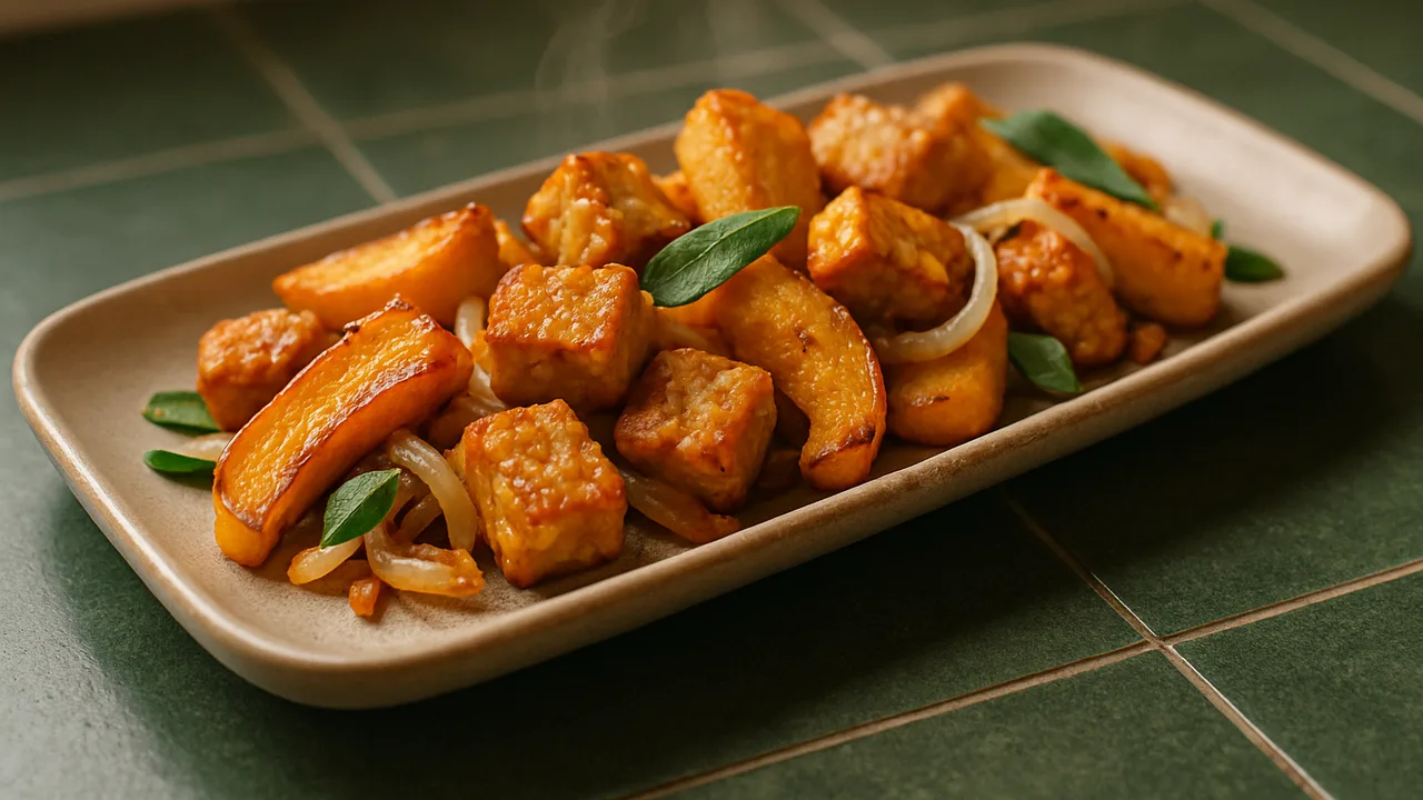 Kürbis-Tempeh Auflauf aus dem Airfryer mit Kürbis und Tempeh, auf dunkelgrünen Fliesen angerichtet.