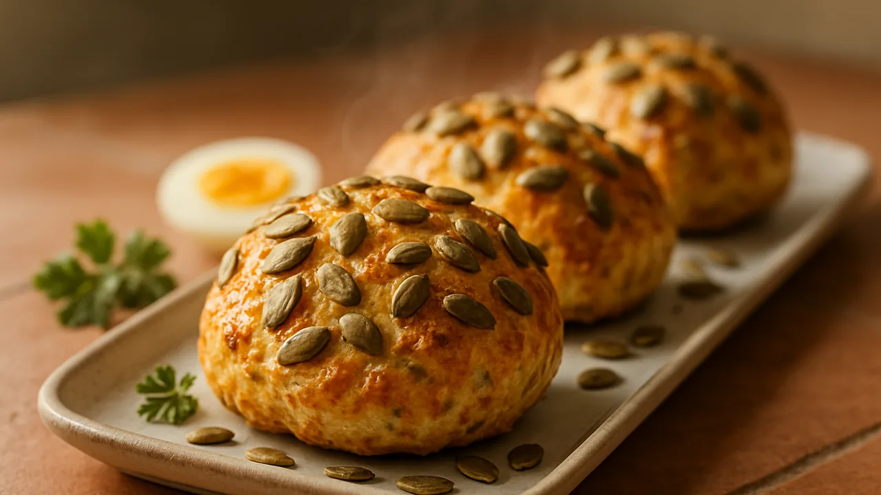Kürbiskern-Brötchen schnell gebacken aus dem Airfryer mit Quark und Kürbiskerne, auf Terracotta-Fliesen angerichtet.