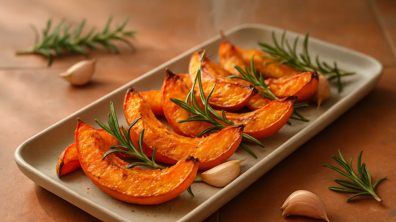 Kürbisspalten mit Rosmarin aus dem Airfryer mit Hokkaido-Kürbis und Rosmarinzweige, auf Terracotta-Fliesen angerichtet.