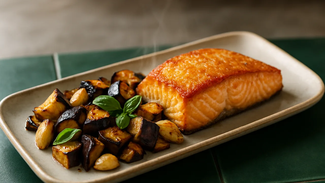 Lachs-Auberginen-Pfanne aus dem Airfryer mit Lachsfilet und Aubergine, auf dunkelgrünen Fliesen angerichtet.