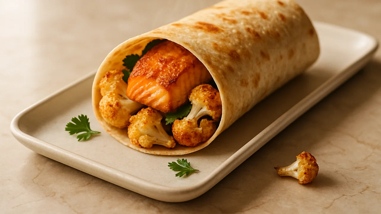 Lachs-Blumenkohl Wrap aus dem Airfryer mit Lachsfilet und Blumenkohlröschen, auf beigem Marmor angerichtet.