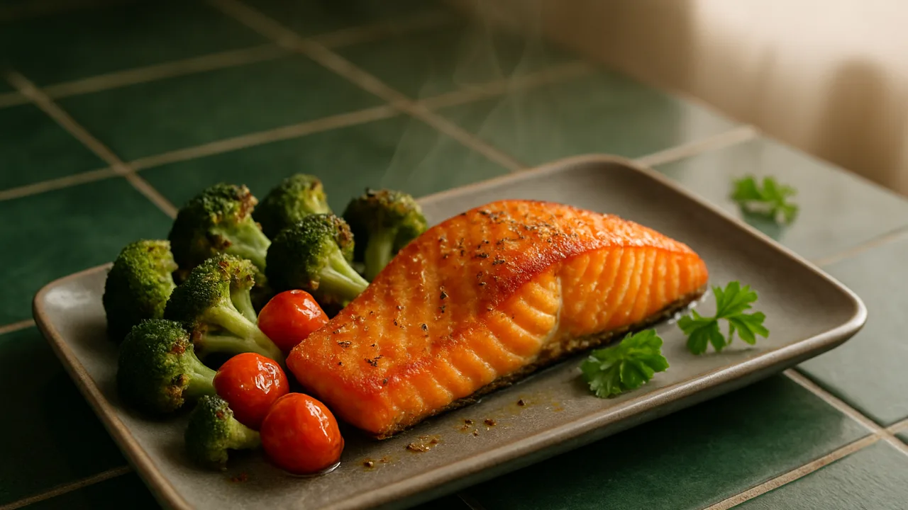 Lachs-Brokkoli-Pfanne aus dem Airfryer mit Lachsfilet und Brokkoli, auf dunkelgrünen Fliesen angerichtet.
