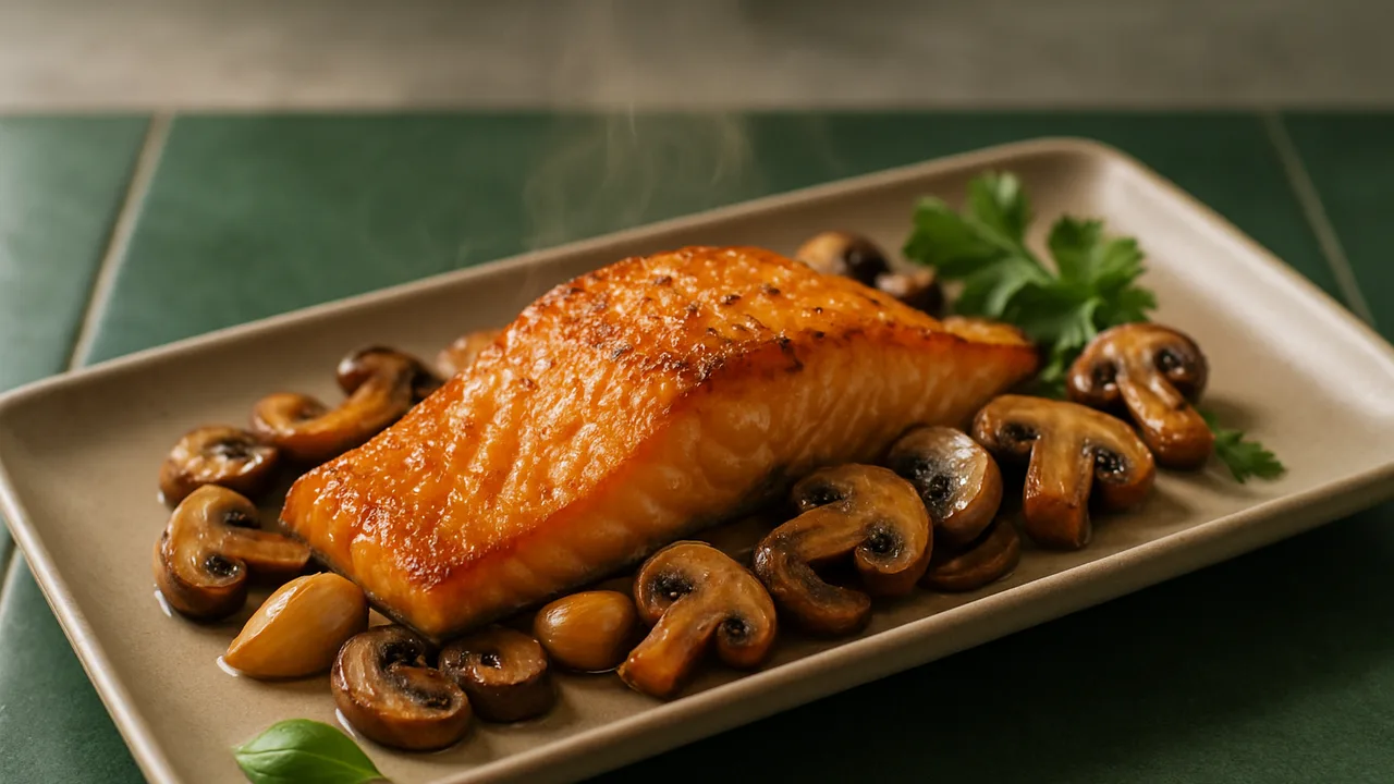 Lachs-Champignons-Pfanne aus dem Airfryer mit Lachsfilet und Champignons, auf dunkelgrünen Fliesen angerichtet.