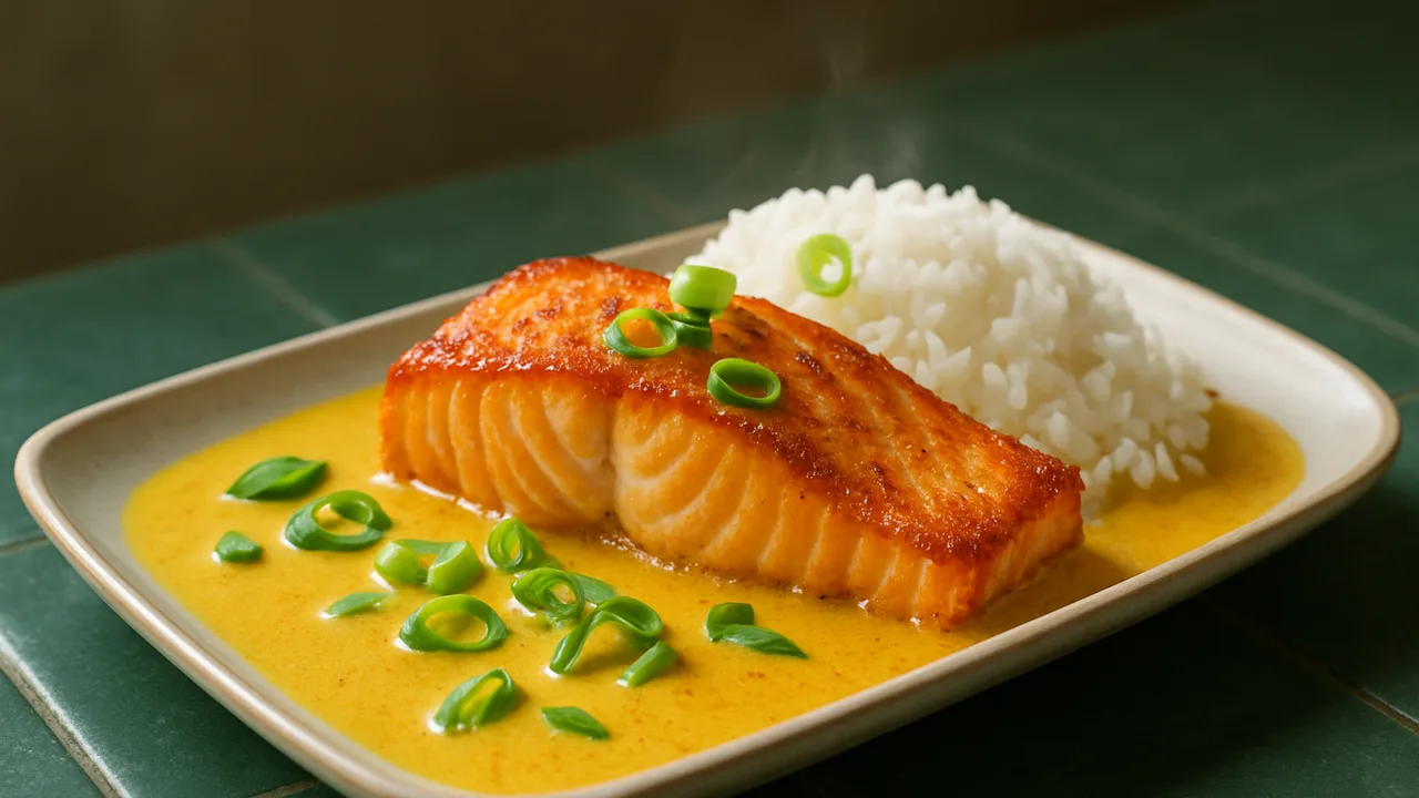 Lachs Curry mit Frühlingszwiebel und Reis aus dem Airfryer mit Lachsfilet und Currypulver, auf dunkelgrünen Fliesen …