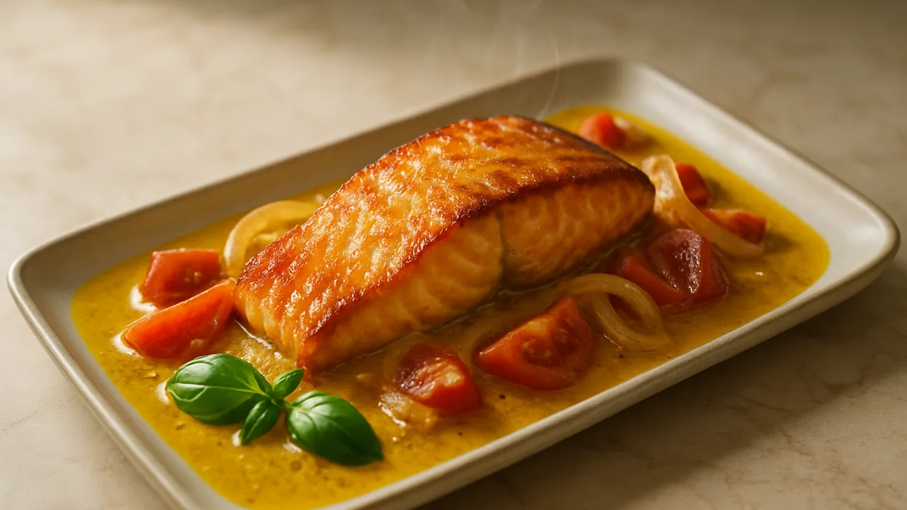 Lachs Curry mit Tomate aus dem Airfryer mit Lachsfilet und Tomaten, auf beigem Marmor angerichtet.