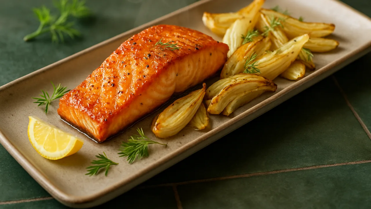 Lachs-Fenchel-Pfanne aus dem Airfryer mit Lachsfilet und Fenchelknollen, auf dunkelgrünen Fliesen angerichtet.