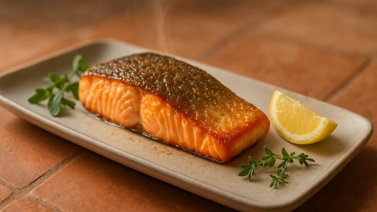 Lachs mit Haut knusprig braten aus dem Airfryer mit Lachsfilet mit Haut, auf Terracotta-Fliesen angerichtet.