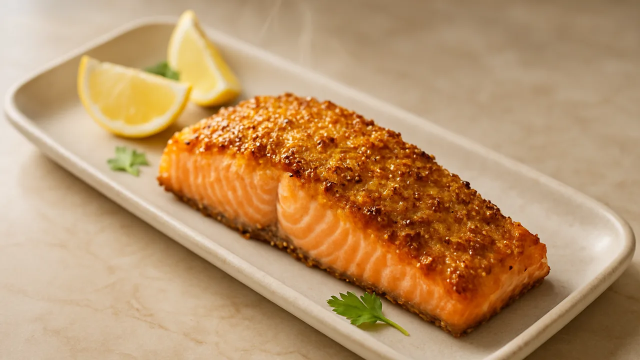 Lachs mit Honig-Senf-Kruste aus dem Airfryer mit Lachsfilet und Honig, auf beigem Marmor angerichtet.