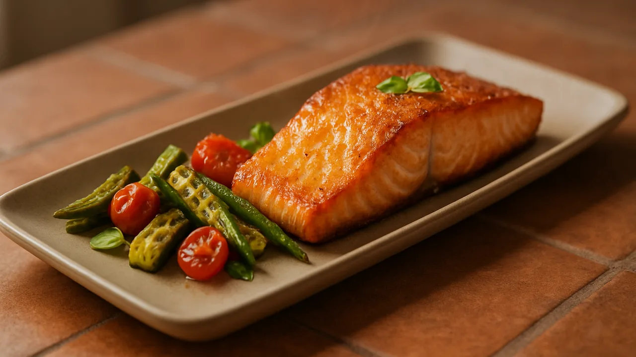 International Lachs mit Okra aus dem Airfryer mit Lachsfilet und Okra, auf Terracotta-Fliesen angerichtet.