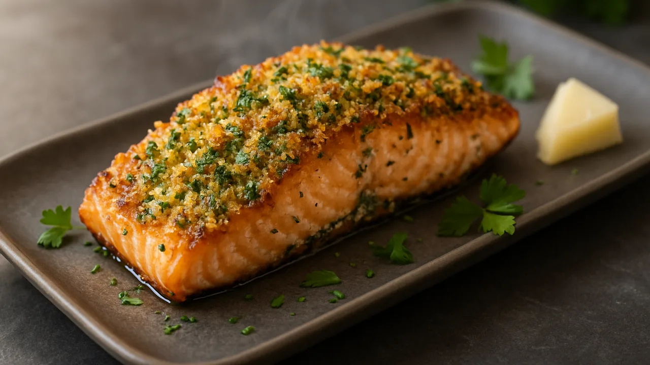Lachs mit Parmesan-Kräuterkruste aus dem Airfryer mit Lachsfilet und Parmesan, gerieben, auf dunklem Schiefer angerichtet.