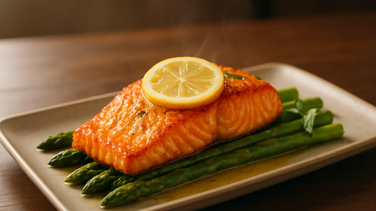Lachs mit Zitronenbutter und Spargel aus dem Airfryer mit Lachsfilet und grüner Spargel, auf dunklem Walnussholz angerichtet.