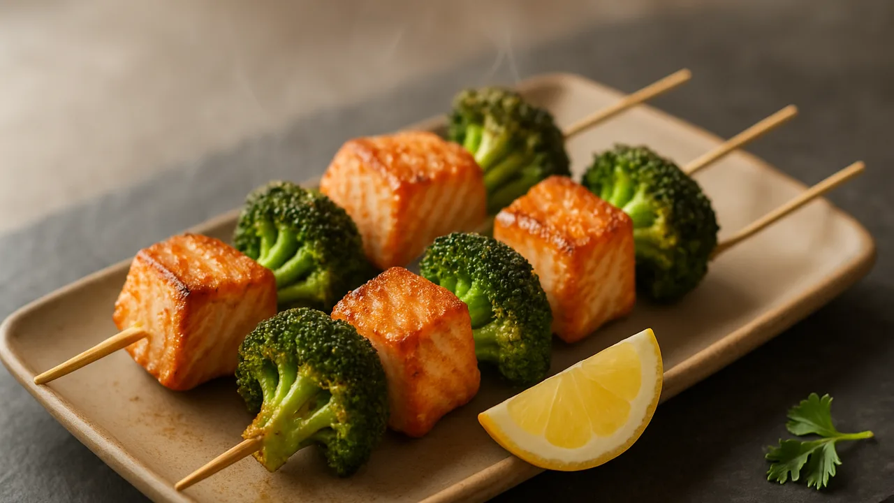 Lachs-Spieße mit Brokkoli aus dem Airfryer mit Lachsfilet und Brokkoli, auf dunklem Schiefer angerichtet.